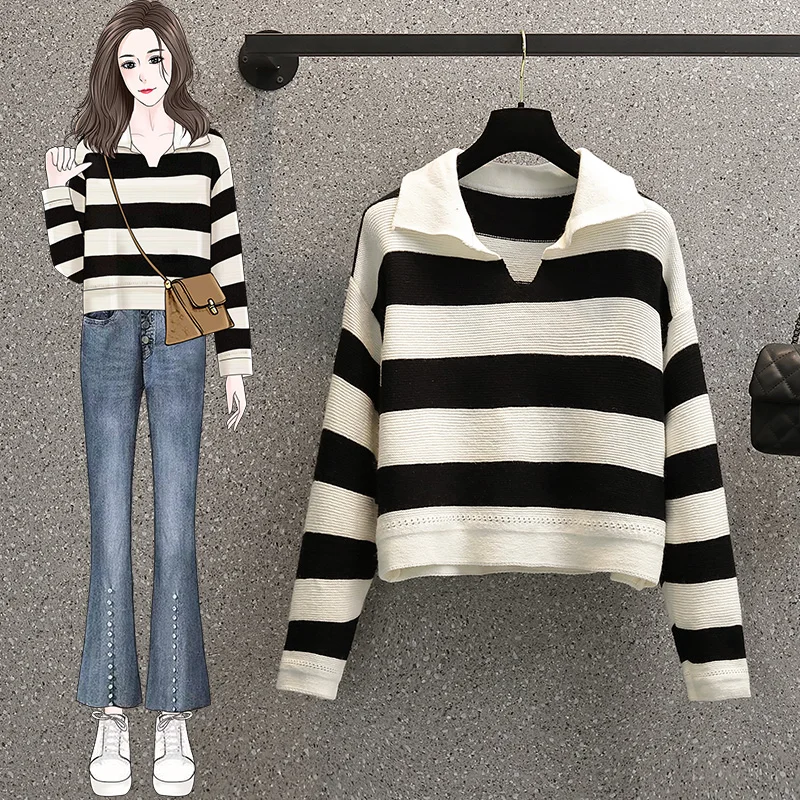 

Striped Knitted Plus Large Size Oversize Korean Style Fashion Pullovers For Autumn Women'S Clothing Ladies Sweater 2021 Tops