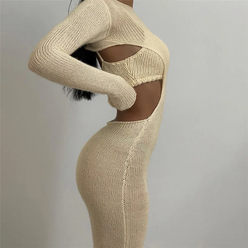 

Sexy Camisole Slim Dress Set for Women Fashion Long Sleeve Hollow Out Translucent Tops Outfit Elegant Lady De Moda Vestidos Suit