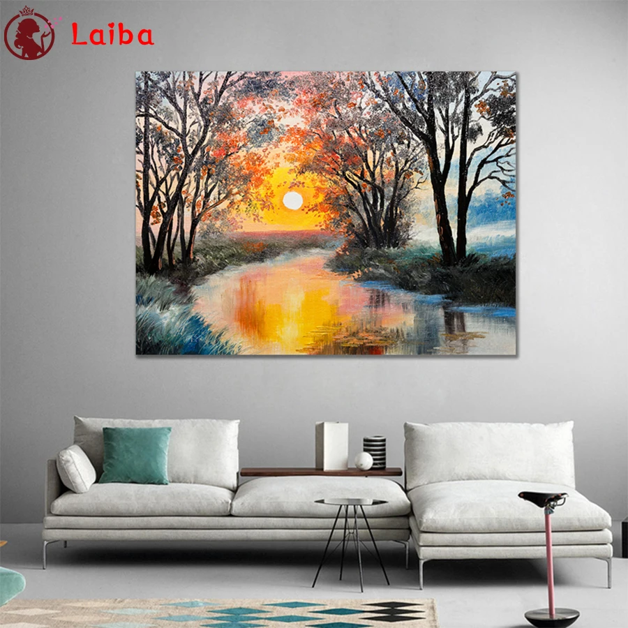 

DIY Diamond Painting Abstract art, sunset riverbank tree landscape Rhinestone Diamond Mosaic Full Drill Square Embroidery