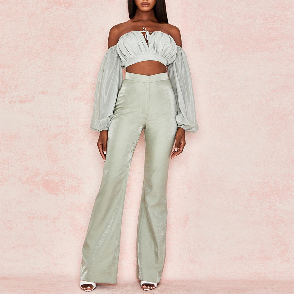 Осенняя женская рубашка без бретелек с длинным рукавом и брюки 2 шт. сексуальное