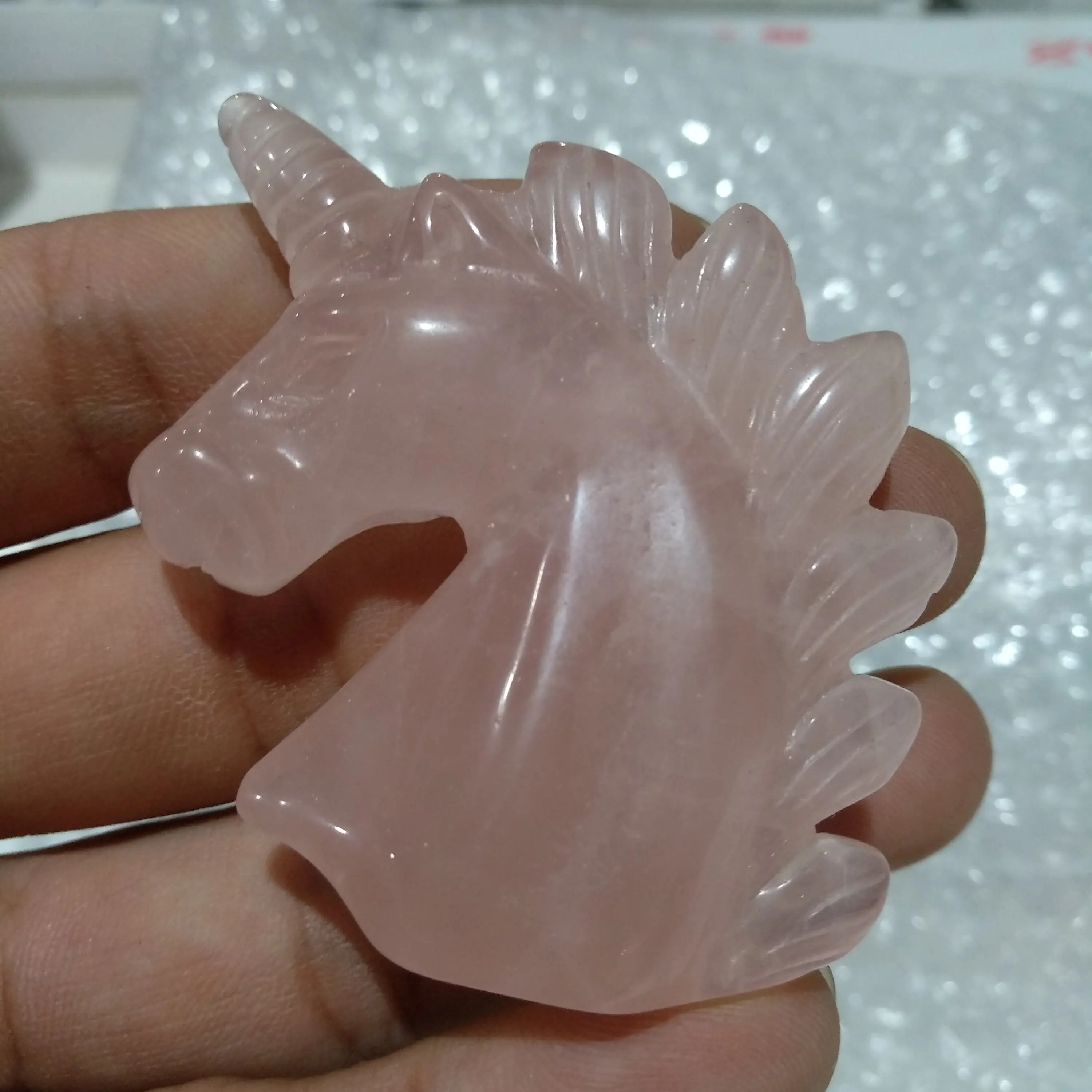 

2'' Natural Rose Quartz Crystal Unicorn Specimen Carving Horse Head Figurine 1PC