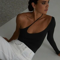 woman tshirts ladies irregular shoulder straps cut top sexy fashion black slim wear 2021 ladies autumn t shirt
