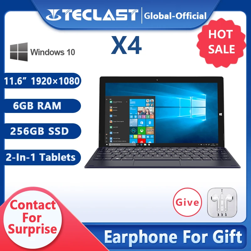 

Teclast X4 11.6" 2 in 1 Tablet 1920x1080 Windows 10 OS 6GB RAM 256GB SSD Tablets PC Intel Gemini Lake N4100 Laptop Dual Camera