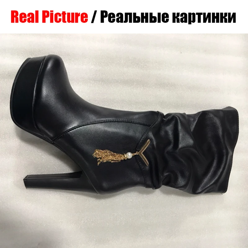 BONJOMARISA, большие размеры 34-43, элегантные черные сапоги до середины икры со складками г. Женские сапоги на платформе женская обувь на высоком каблуке без шнуровки