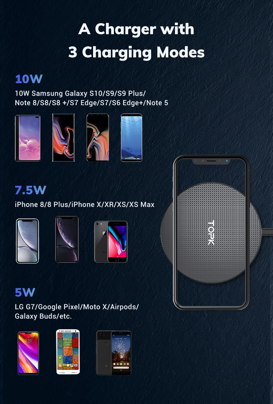 TOPK Беспроводное зарядное устройство 10 Вт для iPhone XR Xs Max X 8 Plus быстрая Беспроводная зарядная подставка для Xiaomi samsung S10 S9 Plus Note 8 9 10