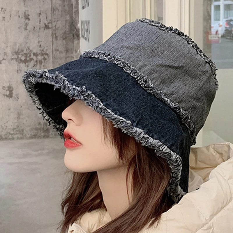 Панама женская джинсовая в Корейском стиле шапка рыбака с плоским верхом модная