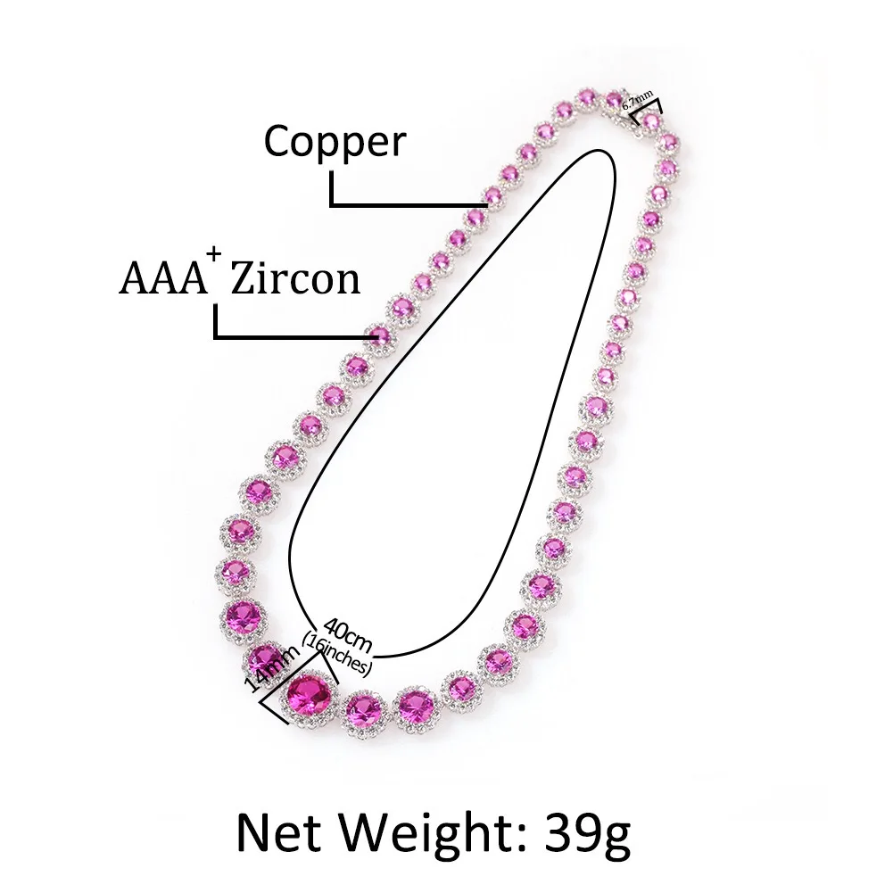 

Habegris Hip Hop Round Pink Zircon Row Bling Shiny Necklace Women Chain On The Neck 2021 Jewelry Korean Fashion