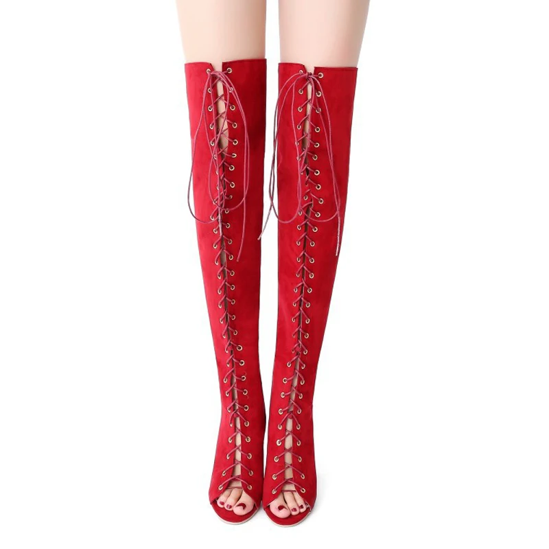 Женские облегающие сапоги выше колена из искусственной замши с открытым носком