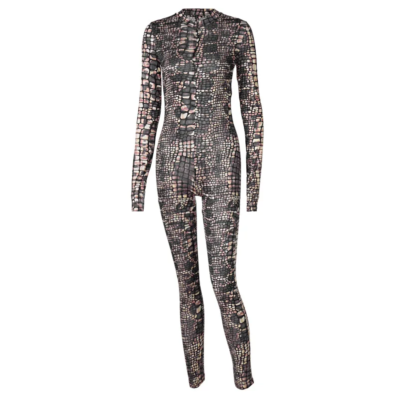 

Sexy Vintage Zip Up Print Jumpsuits Long Sleeve Autumn Winter Women Bodycon Jumpsuits Streetwear Casual Party Club