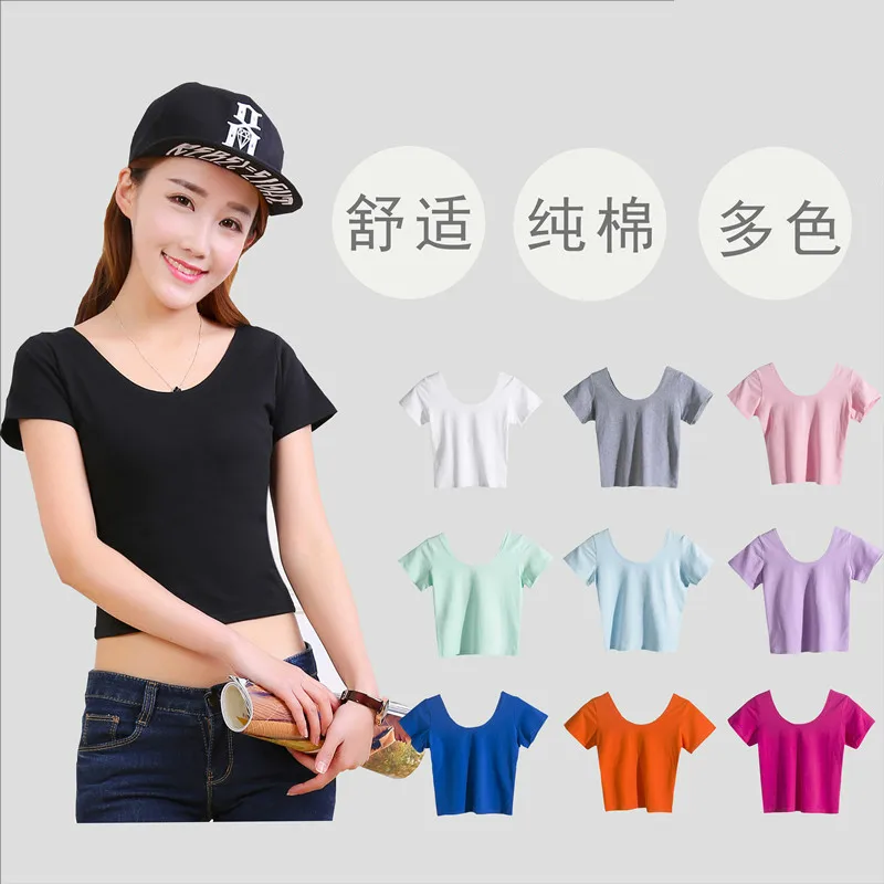 Кроп-Топ женский однотонный из хлопка с круглым вырезом 14 цветов