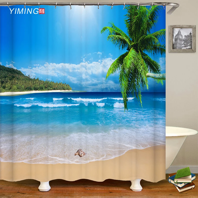 Ванная комната 3D занавеска для душа приморский пляж с волнистым принтом