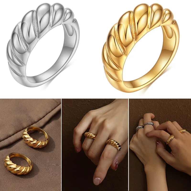 

Chunky Braided Twisted Signet Croissant Rings for Women Men Non-fading Dome Creative Titanium Stainless Steel Statement Jewelry