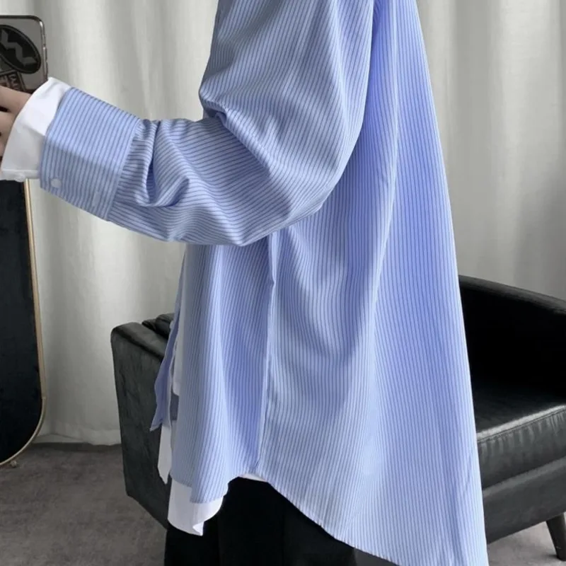 

Autumn Korean Dress Shirt Men's Fashion Business Casual Striped Shirt Men Streetwear Loose Fake Two Long Sleeve Shirts Mens