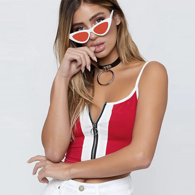 

New Fashion Red White Patchwork Zipper Fly Women Crop Tops Cotton Casual Knitted Tank tops Camis Slim Camisole