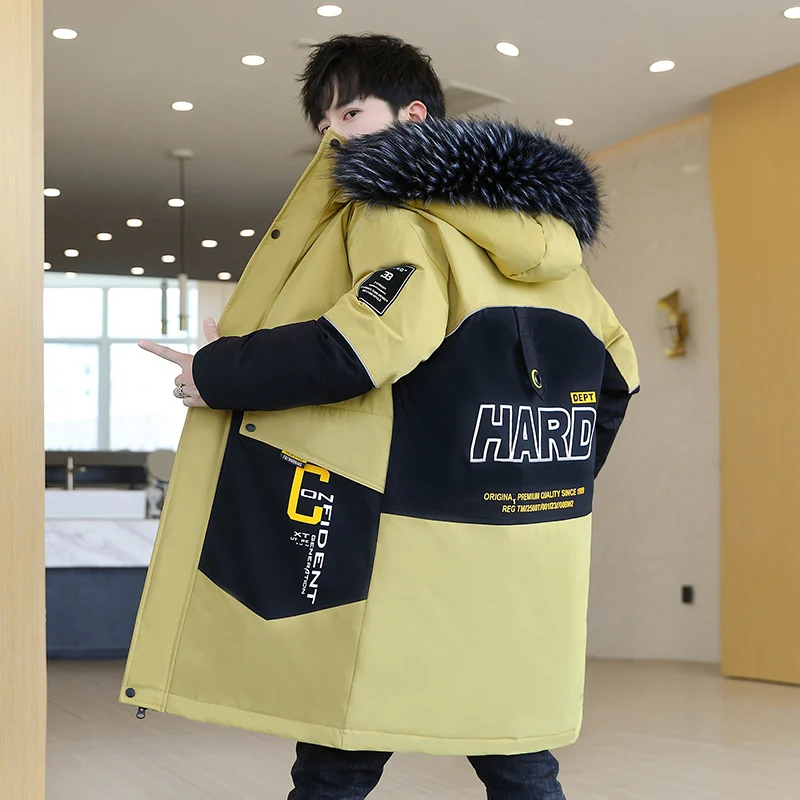 Winter 2021 New Men's Hooded Thick Coat Middle-length Handsome Teenagers Fashion Handsome Plus Fur Collar Cotton-Padded Jacket