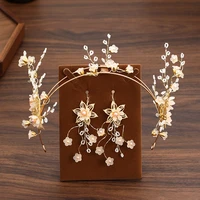 korean brides crown tiara handmade beaded golden headband flowers fashion headwear earrings jewelry set wedding hair accessorie