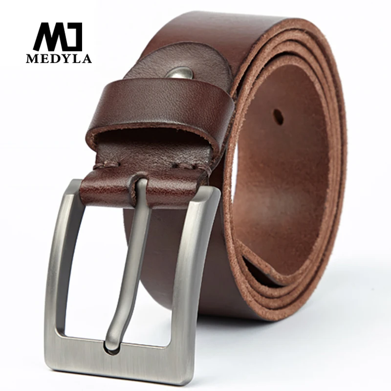 Мужской кожаный ремень MEDYLA коричневый мягкий и прочный со стальной пряжкой для