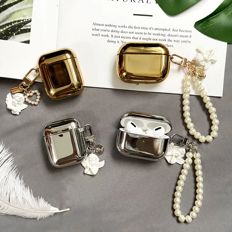 

Серебристый золотистый Гальванизированный чехол с ангельским жемчугом Apple AirPods 1 2 Pro, чехол для iPhone, аксессуары для наушников Airpod, Чехол Air Pods