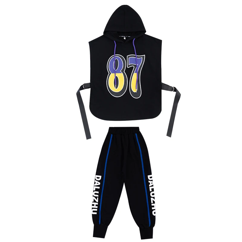 

Boys Hip Hop Costume Kids Street Dance Long Sleeve Sweater Drum Jazz Performance Clothes Stage Wear Black Hiphop Vest Set