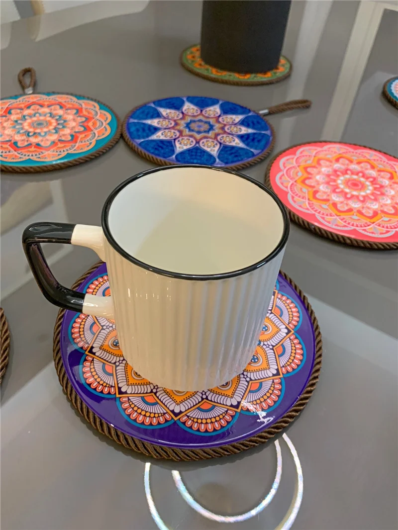 

New 16cm Ceramic cork non-slip coaster retro bohemian pattern coffee tea coaster heat insulation anti-scalding pot and bowl mat