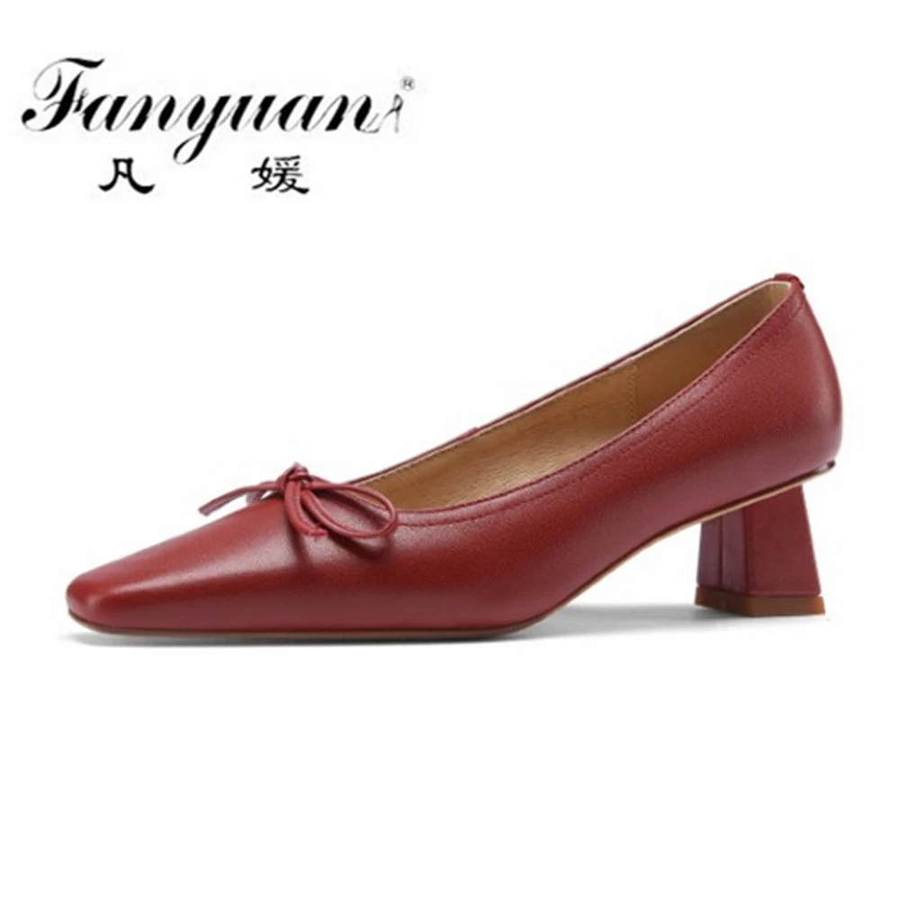 

Fanyuan Elegant Women Spring Summer Shoes Women Genuine Leather Square Toe Butterfly-knot Pumps Dancing Shoes Woman