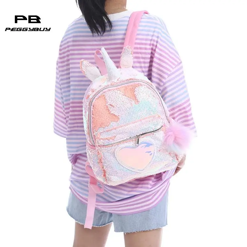 Cute Heart Sequins Travel Backpacks Kids Girls Glitter Shoulder Schoolbag