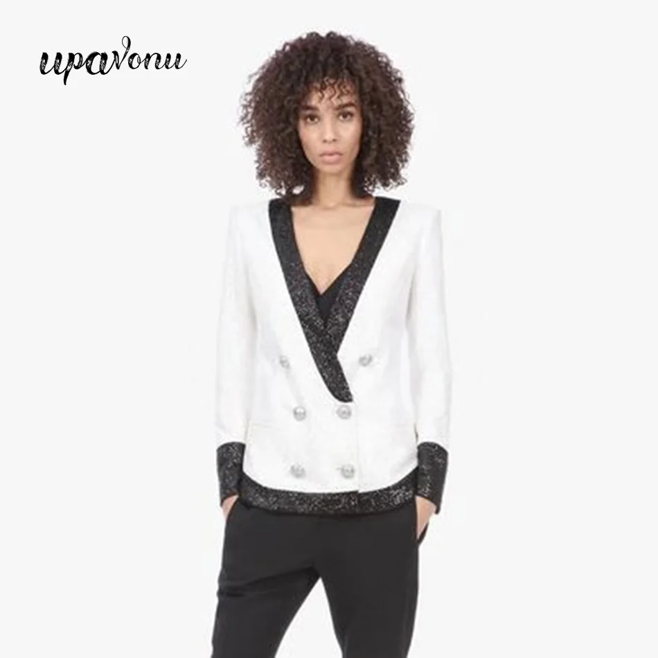 

UpAvonu Модный Новый женский белый блейзер с блестками пикантный V-образный вырез с длинным рукавом двурядный приталенный Блейзер на пуговицах...
