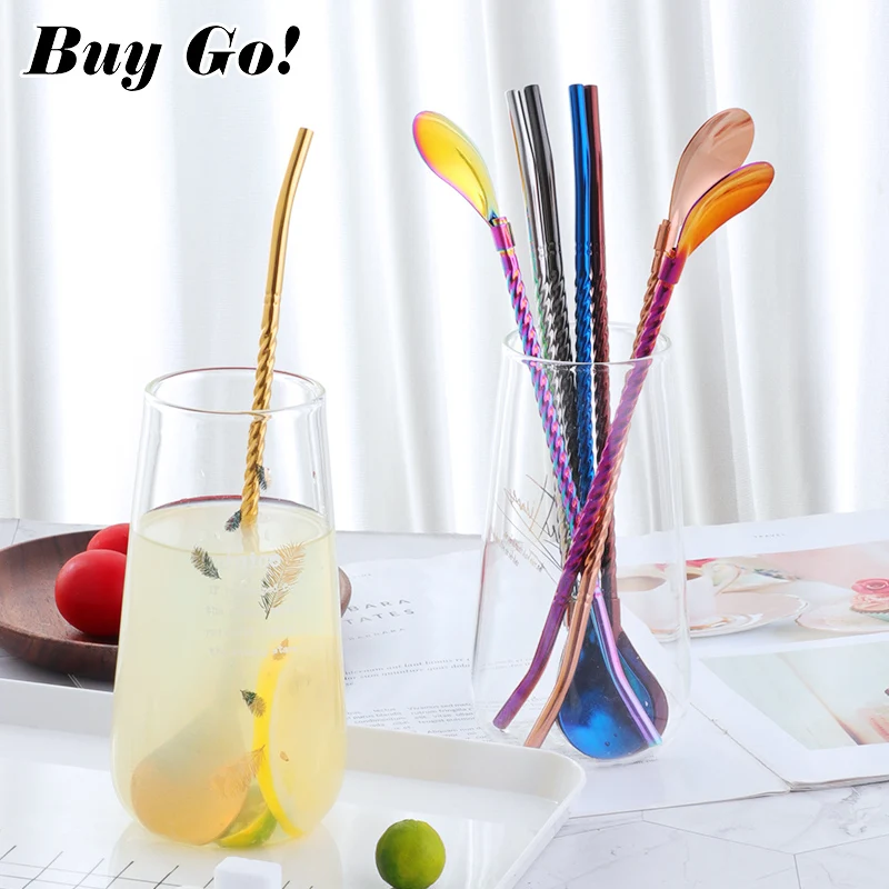 1PC Long Big Twisted Straw Spoon Portable Gold Tea Scoop Reusable Colored Stainless Steel Straws Cocktail Coffee Stirring | Дом и сад