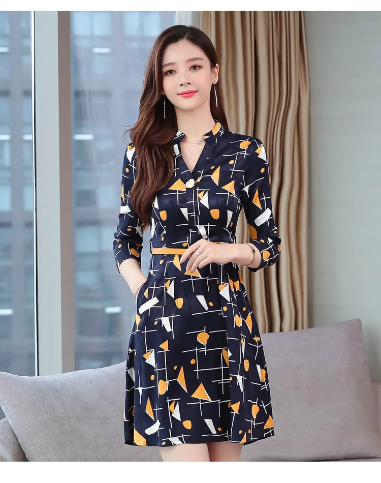 Vintage Print Chiffon Long Sleeve Mini Dress Autumn Winter Chic Plus Size Women Bodycon Dress Elegant Femal Party Vestidos