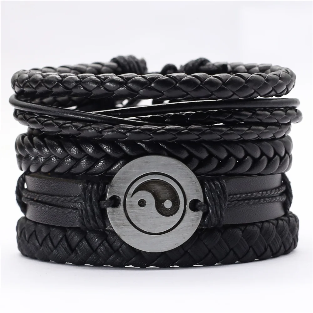 

Black Taichi Feather Men Bracelets 5pcs/set Wristband Fashion Rope Wrap Cuff Bangle Leather Bracelets Women Jewelry Accessories