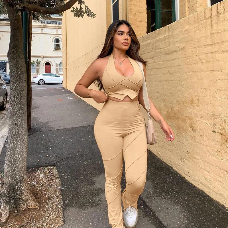 

New Design Women Seam Decoration Split Hem Pants Two Piece Set Ladies Sleeveless Halter Neck Crop Top Skinny Casual Outfits 2021