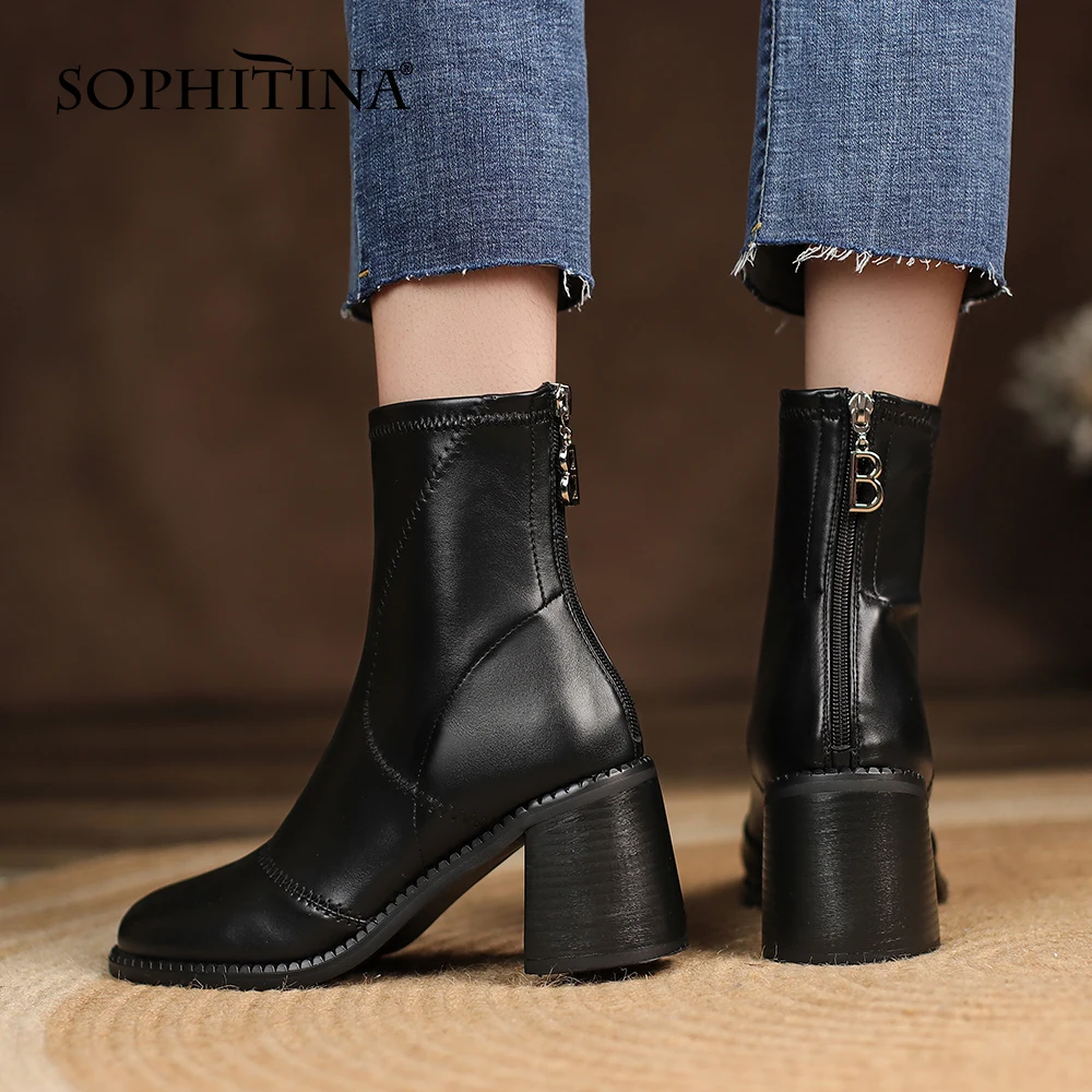 

SOPHITINA Women Boots High Quality Winter Shoes Warm Round Toe Sewing Elastic Thick Heel Handmade Chunky Heel Female Shoes HO339