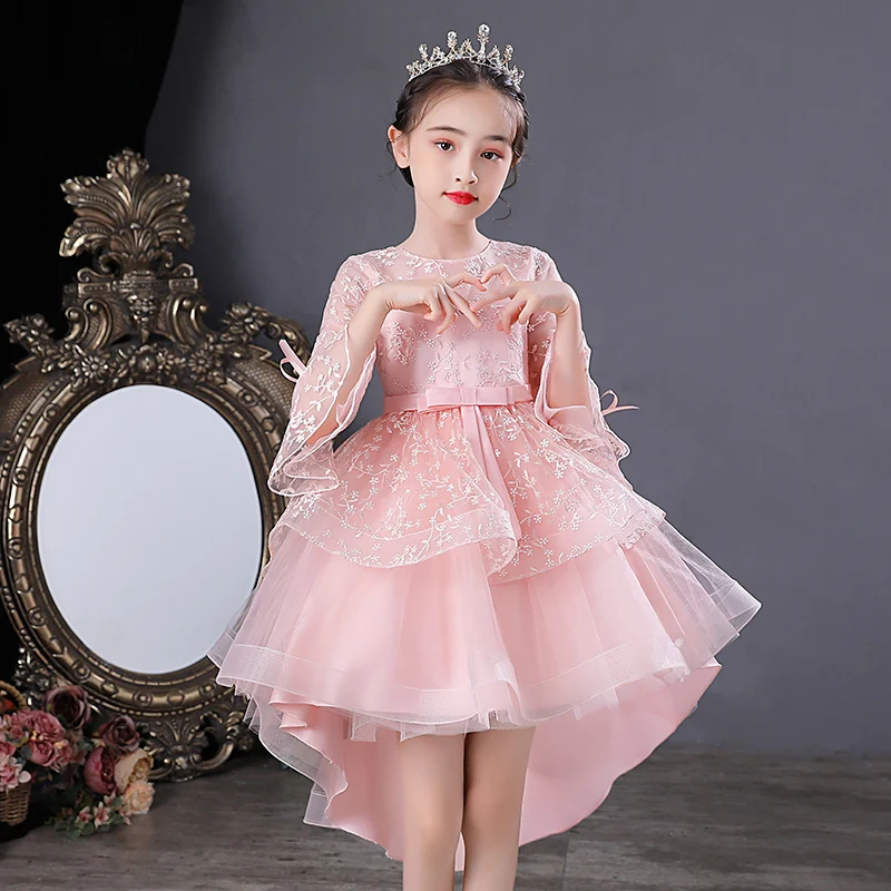 

2021 spring and autumn new long-sleeved children's princess dress flower girl tail wedding dress girl dress one-year-old dress