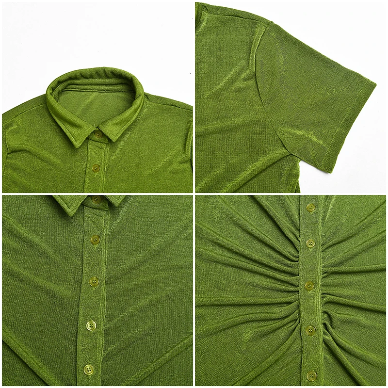 

Mozision Turn-Down Collar Ruched Shirt Dress For Women 2021 Summer Short Sleeve Skinny Mini Dress Solid Slim Blouse Vestidos