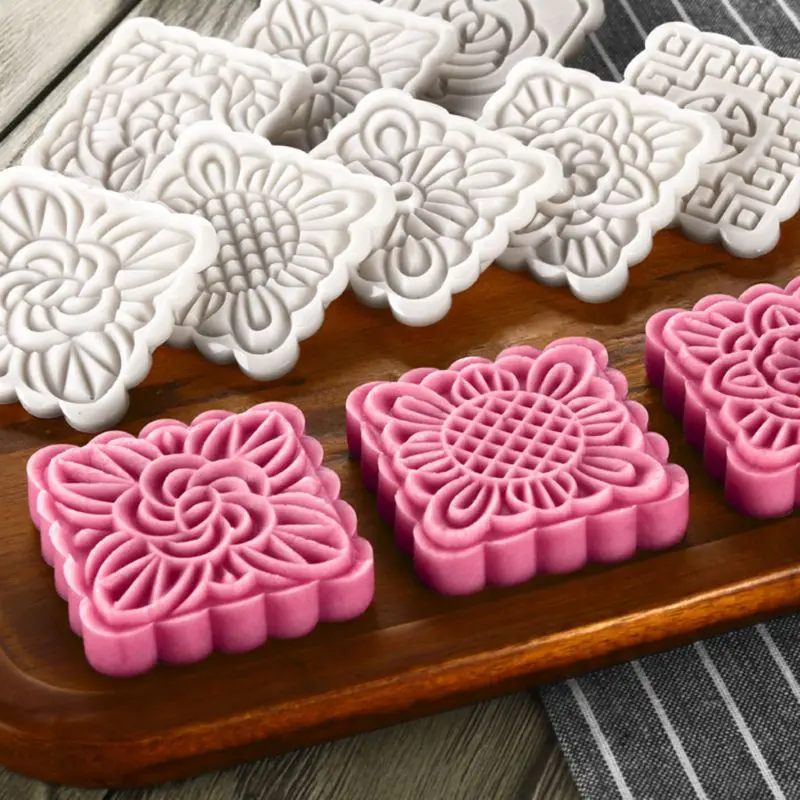 

100g Mooncake Barrel Mold with 8pcs Square Flower Stamps Hand Press Moon Cake Pastry Mould DIY Bakeware
