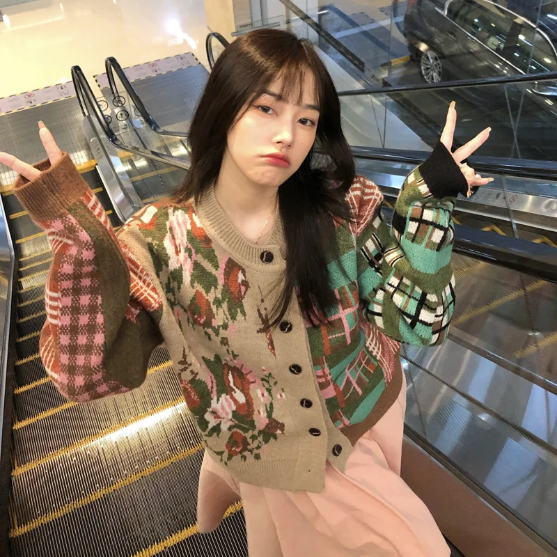 

Реальная фотография осень-зима утолщенная ретро Клетка в Корейском стиле