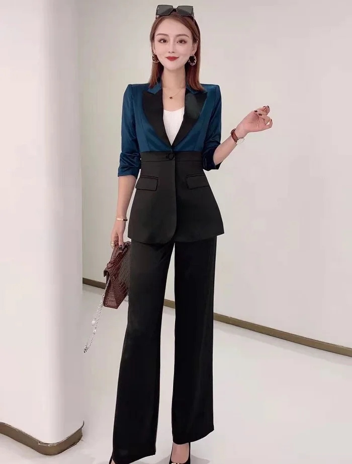 Top Quality Women's Set 2021 Spring Blazer Set Woman Color Block Patchwork Blazer Coat+Flare Leg Long Pant Sets Clothing Female