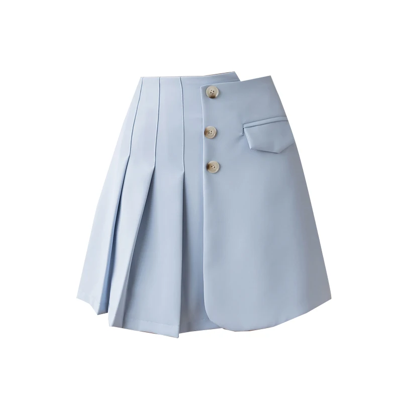 

Summer Skirts Chic Asymmetrical High Waist Women Solid Color Button Pleated Mini Skirt New Office Lady Fashionable Short Skirts