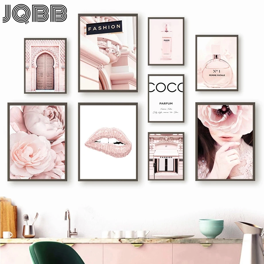 

Fashion Girl Pink Flower Perfume Lips Door Nordic Posters And Prints Wall Art Canvas Painting Wall Picture For Living Room Decor