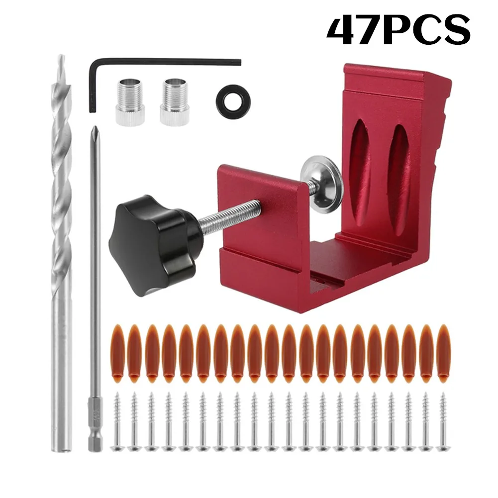 

Red Drill Silver Woodworking 15° 47pcs Black Guide Set Locator Metal+ABS
