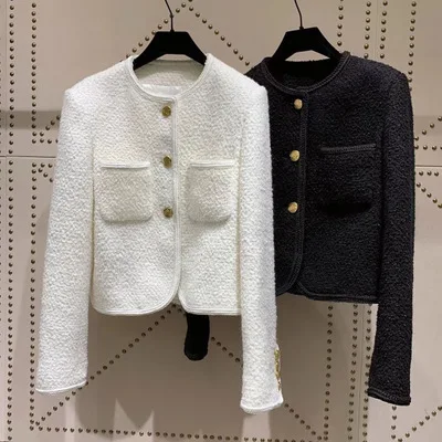 

2021 Spring New 70% Wool Short Coat Luxury Design Long Sleeves O-neck Carriage Gold Buttons Slim Woolen Tweed Jackets In Stock