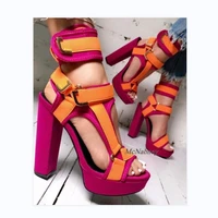 mcnabney 2022 new women glamorous platform chunky heel sandals side velcro open toe neon yellow pink handmade to order big size