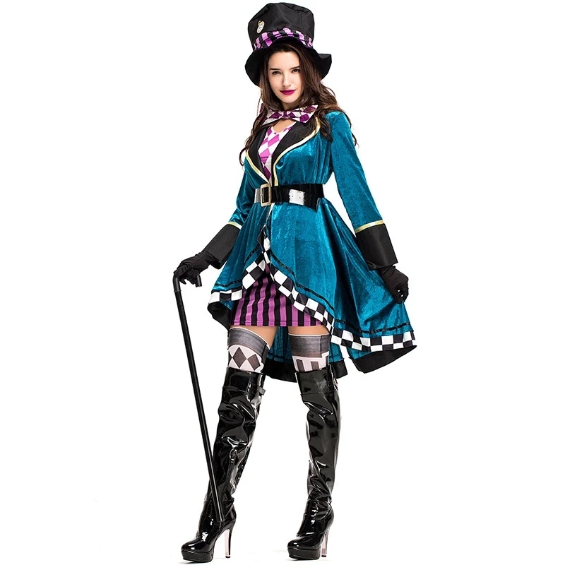 

Hot Alice in Wonderland Clown Mad Hatter Costume for Adults Women Fantasias Sexy Magician Cosplay Halloween Carnival Magic Dress