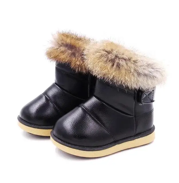 Black Baby Snow Boot Children Winter Shoes Fur Warm Girl Fashion Ankle Boot Kid Soft Leather Boots Baby Cotton Shoes Waterproof B160 - Цвет: Black