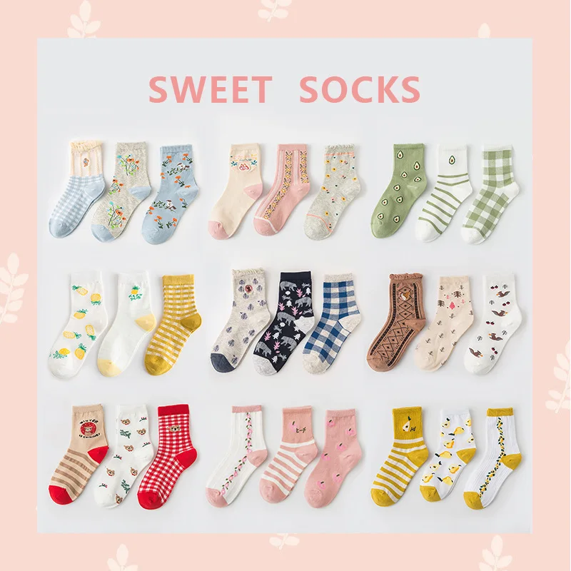 3 Pairs Women Socks Spring Soft Cotton Cartoon Design High Quality Pink Lolita Sweet Girl's Kawaii Cute Woman Socks Set
