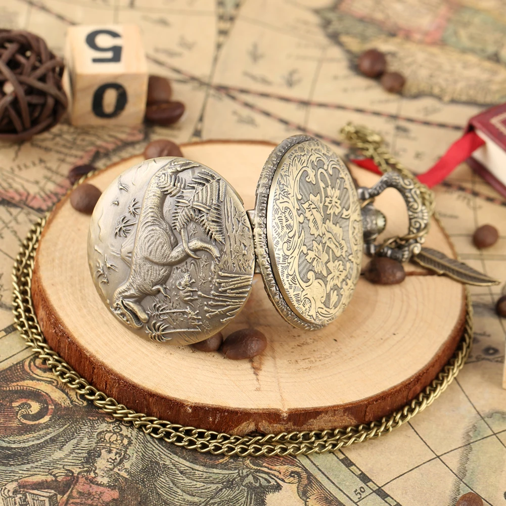 

Bronze Wolf Dinosaur Pocket Watches Quartz with Two Leaves Accessory Pendant Necklace Chain Watches Steampunk Clock Unisex Gifts