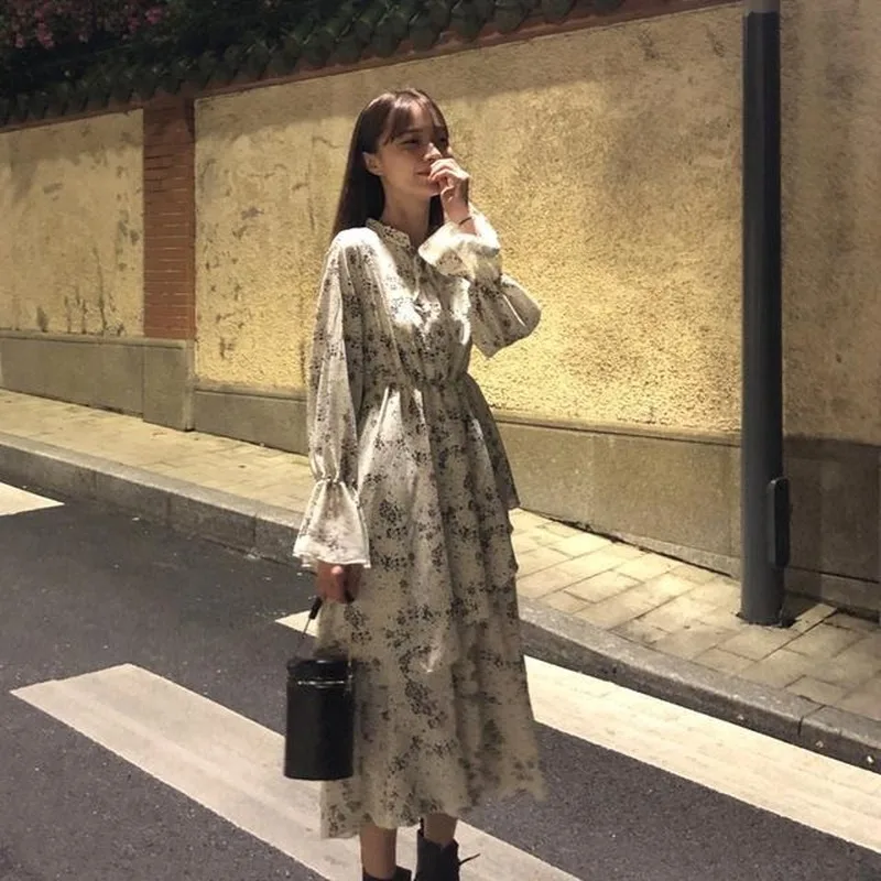 

QWEEK 2021 Spring Autumn Women Vintage Floral Printed Dress Sweet Causal Elegant Midi Dress Korean Style Bandage Dresses Women
