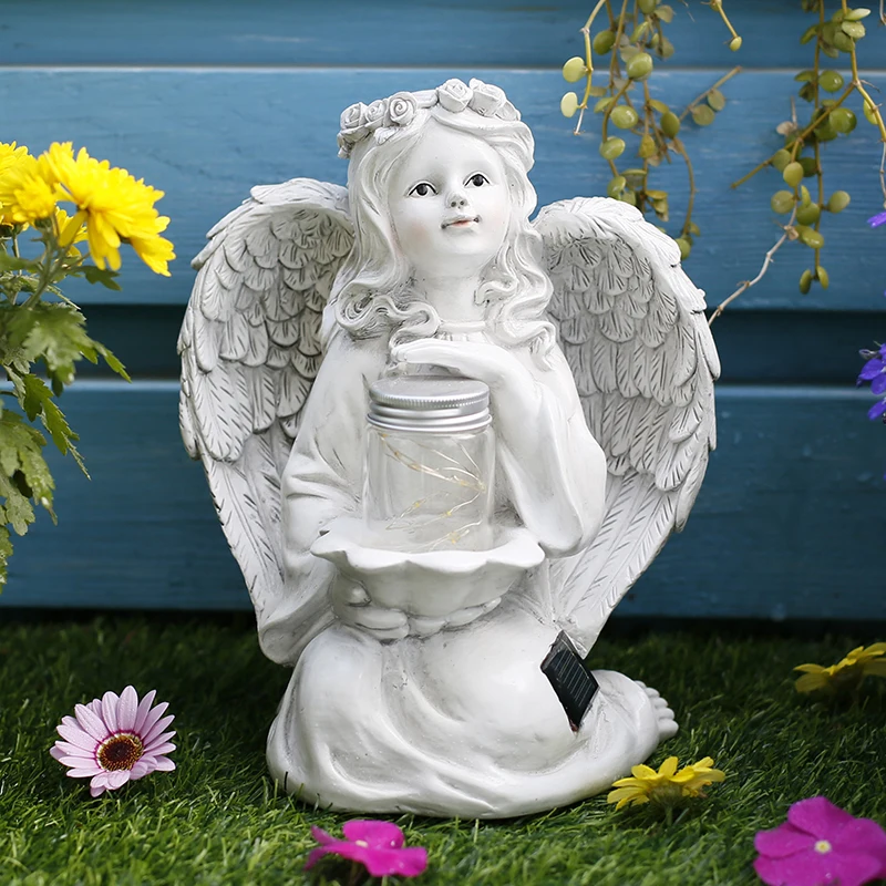 Cute Resin Angel Figure Sculpture Ornament Courtyard Flower Fairy Girl Solar Micro Landscape Craft Garden Decoration Accessories