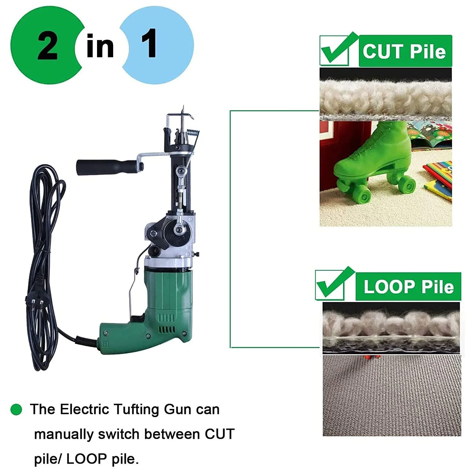 Pile de corte y bucle 2 en 1, 220V, 50 ~ 60Hz, 240W, pistola el&eacute;ctrica de mano, 2400RPM, port&aacute;til, para pared, tapices, alfombras, m&aacute;quina para tejer alfombras-1