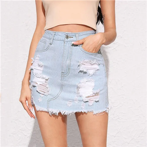 Pastel Blue SHEIN пастельный синий Необработанный Край рваные детальные джинсовые юбки женские летние на молнии Fly Bodycon Средняя Талия Повседневная мини юбка-карандаш - Цвет: Pastel Blue